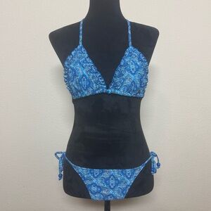 Old Navy bikini women small paisley ruffle trim halter string blue